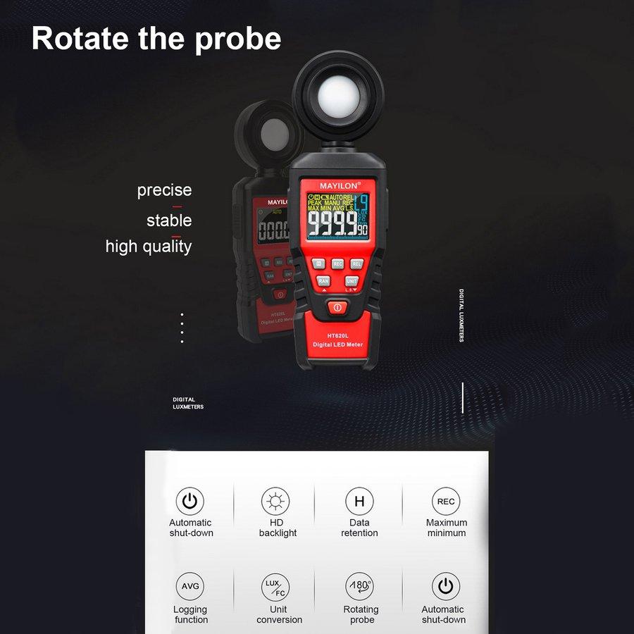 Habotest HT620L Auto Digital Luxmeter LUXFC Measurement LED Light Meter with 180 degree rotate with REL MAX MIN AVG Datahold